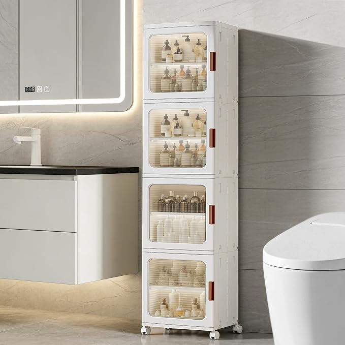 Tall Narrow Storage Cabinet, Plastic Organizer with Wheels, 4-Tier/White | Foldable Slim Cabinet for Bathroom, Kitchen, Laundry and Small Spaces, Adjustable Shelves & Magnetic Doors, Movable Wheels