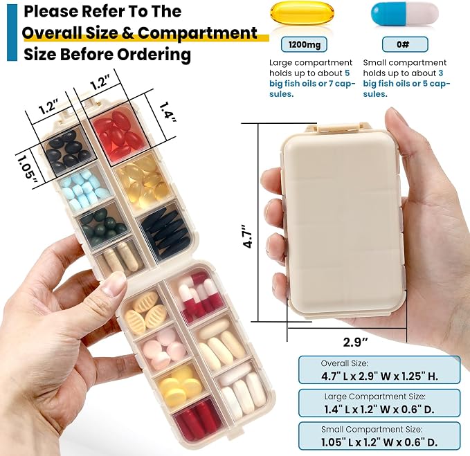 14 Grids Travel Pill Organizer Box with 415-Pcs Medicine Name Labels - Pocket Daily Pharmacy Case Container Kit - Travel Medication Holder Dispenser for Fish Oil Vitamin Supplement Storage - Khaki
