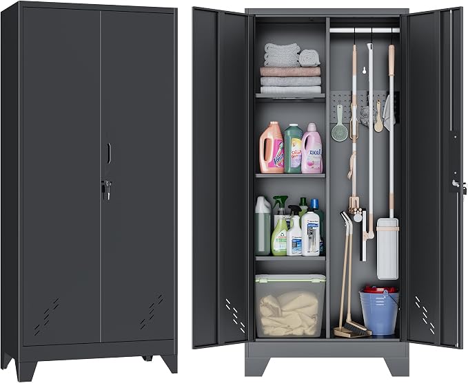 61" Metal Storage Cabinet with Lockable Doors, Cleaning Supply Cabinet with Pegboard and Hanging Rod. Garage Tool Storage Cabinets for Home, Laundry, Office, Home Kitchen Utility Cabinet