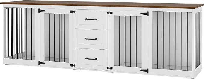 92.8" Furniture Style Dog Crate, Double Dog Crate Furniture | 3 Storage Drawers, Dog Kennel Indoor, for Med-Large Dogs, Farmhouse Dog Crate TV Stand with Divider, White Brown