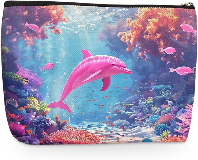 Wenboco Pink Dolphin Makeup Bag, Travel Makeup Case Cosmetic Bags for Women | Portable Pouch Purse Travel Essentials Toiletries Accessories, Christmas Birthday Gifts for Women