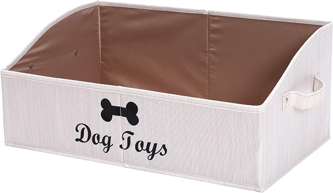 Geyecete Large dog toy bin dog toy box storage box - Foldable Fabric Trapezoid Organizer Boxes with Handle, Collapsible Basket for Dog Toys (Beige-DOG) | Foldable Fabric Trapezoid Organizer Boxes with Handle, Collapsible Basket for Dog