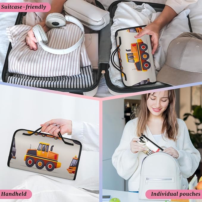 Car Makeup Bag for Women Hanging Roll-Up Travel Organizer Toiletry Kit with 4 Removable Compartments, Truck