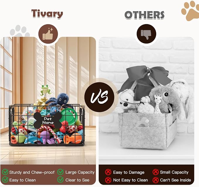Dog Toy Basket, Foldable Metal Dog Toy Bin 15.8''×11.8''×11.8'' | Chew-Proof Basket with Handles, Pet Stuff Storage Organizer Box, Marker Pen, Portable Puppy Toys Basket for Living Room