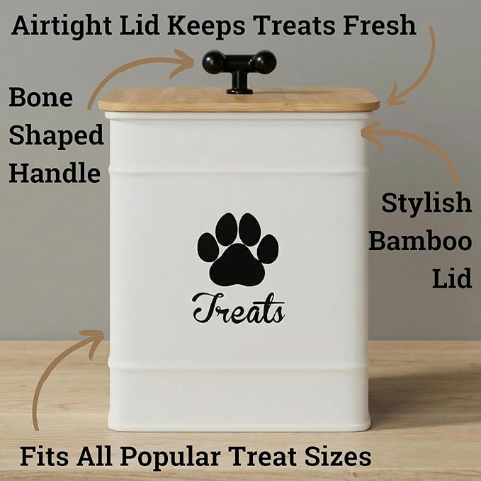 Dog Treat Container Airtight, 6"W x 8"H, Powder Coated, 12 Cup Capacity | Fits All Popular Treats, 12 Cup Capacity, Airtight Bamboo Lid, Easy Open Lid, Dent-Resistant Durable Metal Bone-Shaped Handle