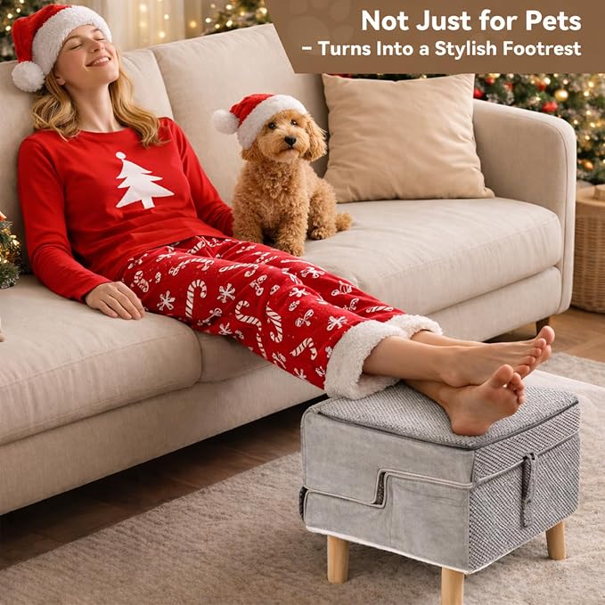 Dog Ramp Ottoman, 2-in-1 Dog Stairs for Couch and Low Bed, Foldable Solid Wood Pet Steps for Small, Medium, Senior Dogs & Old Cats - Couch Height, Washable Cover, Storage Pocket, 135lb Capacity