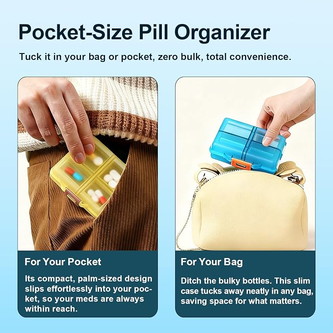 Daily Travel Pill Case Organizer, Small 8 Compartment Medicine Box | Pill Dispenser, Compact Purse Portable Pill Reminder Perfect for Storage Vitamin, Fish Oil, Calcium Tablet, Peacock Blue