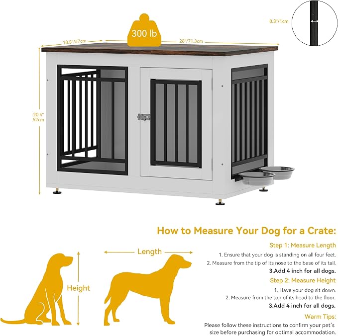 DWVO 28 Inch Dog Crate Furniture with Adjustable Feet & Removable Bowls | Dog Kennel Indoor Furniture End Table for Dogs, Modern Decorative Wooden Cage, Chew-Resistant, White