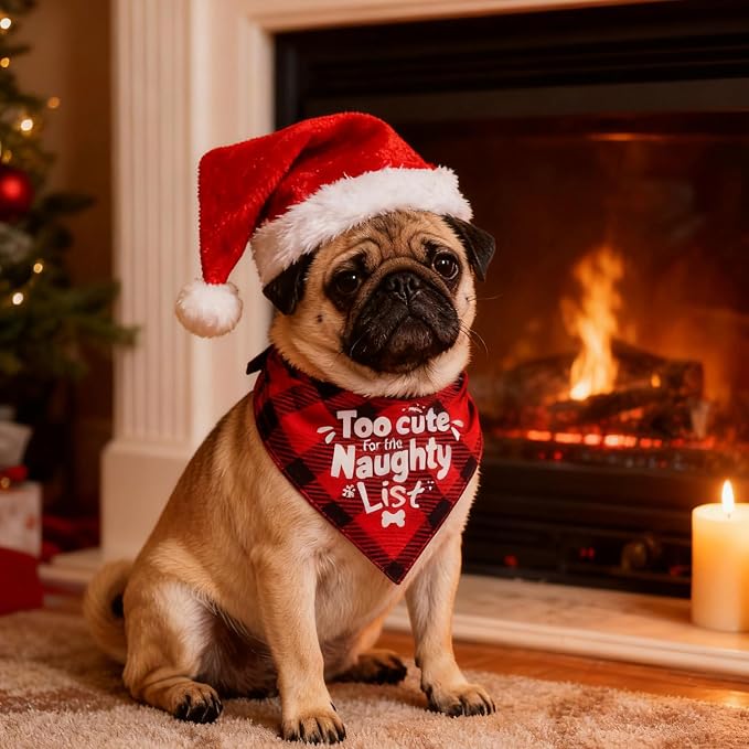 Christmas Dog Bandanas Naughty & Nice Idea Funny Holiday Stocking Pet Scarf Gifts - Too Cute for the Naughty List, Red Plaid, Extra Large Breed, 75lbs+