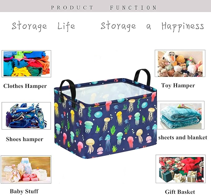 Kid Storage Basket Gift Shelf Basket Toy Storage Bin, Nursery Basket Organizer Box for With Handles for Room Deco (Colorful Jellyfish)