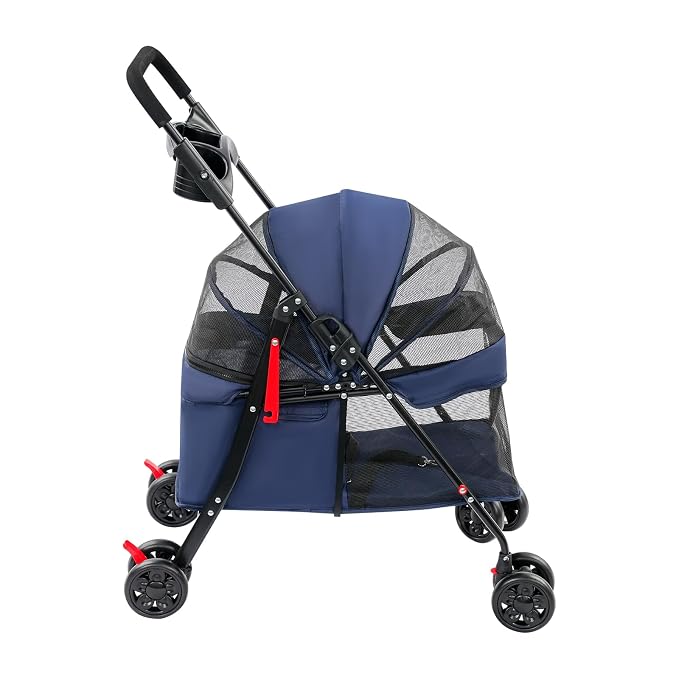 Foldable Pet Stroller with Mesh Windows, 40lbs Capacity Pet Carrier Cart with Locking Wheels, Breathable Cat & Dog Stroller for Small Animals, Foldable Pet Travel Cart for Outdoor (Navy Blue)