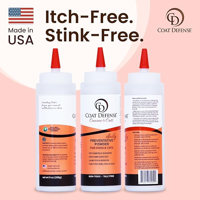COAT DEFENSE Daily Preventative Powder | Made in USA | 9oz Precision Point Waterless Dog Shampoo & Pet Deodorizer for Smelly Dogs | Provides Anti Itch Relief | Dog Shampoo for Dry Itchy Skin