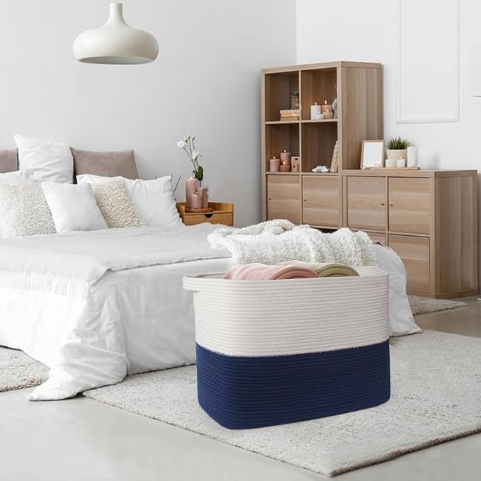 MEGASKET 108L Super Large Blanket Basket, 25" x 16" x 16" Jumbo Rectangle Basket for Blankets Living Room, Woven Cotton Rope Pillow Holder Organizer, Oversized Kids Dog Toy Storage Bin Box, Dark Blue