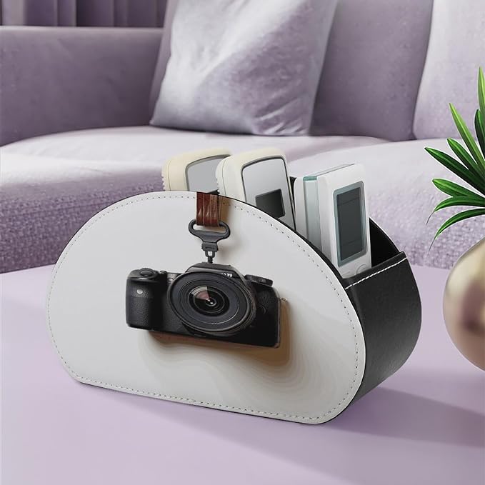 Camera Hanging on White Wall Remote Control Holder Desk Storage Organizer Box Container Remote Storage Box with 5 Compartments PU Leather Remote Caddy for Home Bedside Table Organizer