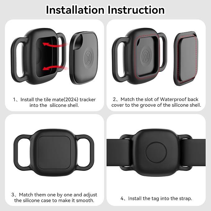 DDJ Waterproof Dog Collar Holder for Life360 Tile Mate Tracker, 4-Pack Durable Silicone Cover, Anti Lost for Tile Tracker Case for Cat & pet Collars, Easy Installation, Black, Pink Punch, Blue, Pink