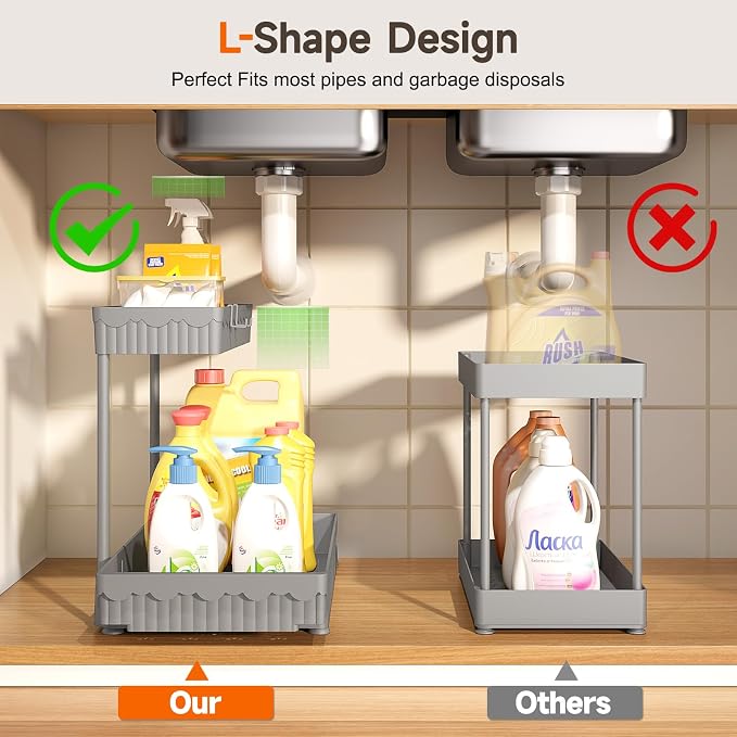 3-Pack 2-Tier L-Shaped Under Sink Organizers with Sliding Drawers | Multi-use kitchen & bathroom storage, 14.85 inch grey cabinet organizer, space-saving sliding drawer design.