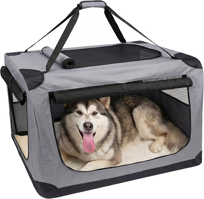 42 Inch Soft Dog Crate Collapsible 3-Door Travel Kennel for Large Dogs, Portable Pet Cage, Fleece Bed, Storage Pocket & Safety Zippers, Indoor Outdoor Car Use Dog Crate