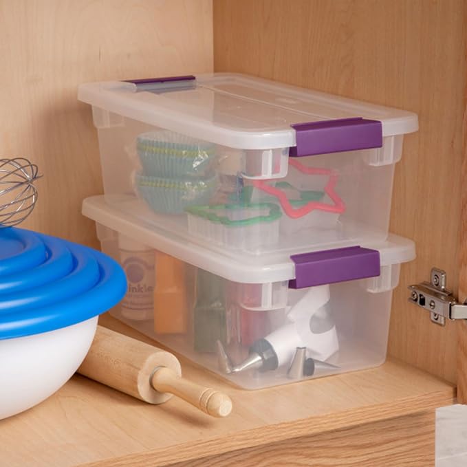 Sterilite ClearView Latch Boxes, Storage Bins with Lids, 6 Quart, 12-Pack | Clear Plastic Organizers with Color Accent Latches for Closet, Bedroom, Shelving Units, Dorm Room and Home Organization