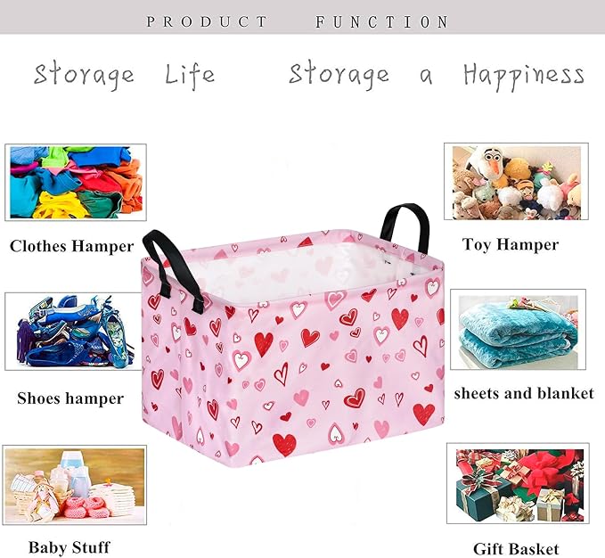 Kid Storage Basket Gift Shelf Basket Toy Storage Bin, Nursery Basket Organizer Box for With Handles for Room Deco Heart Pattern Valentine's Baskets
