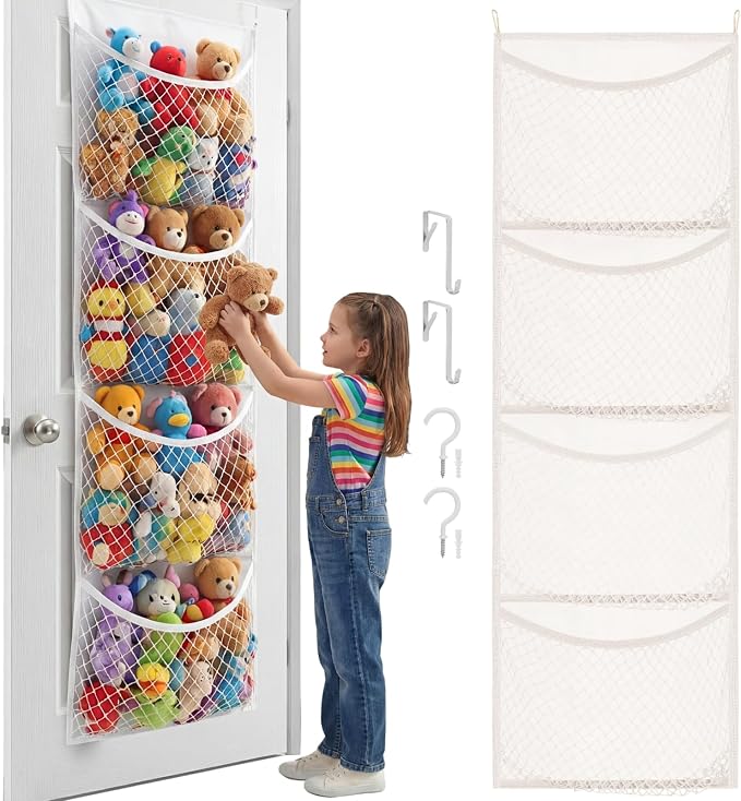 Over The Door Stuffed Animal Storage, Cotton Toy Organizer for Storage Plush Toys, Stuffed Animal Holder with 4 Large Pockets, Hanging Door Organizer for Nursery, Bedroom (White)