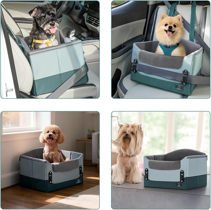 A 4 Pet Dog Booster Car Seat, Under 25 lbs, Patent Buckles | Clip-on safety leash, portable, pet travel carrier, fits most cars