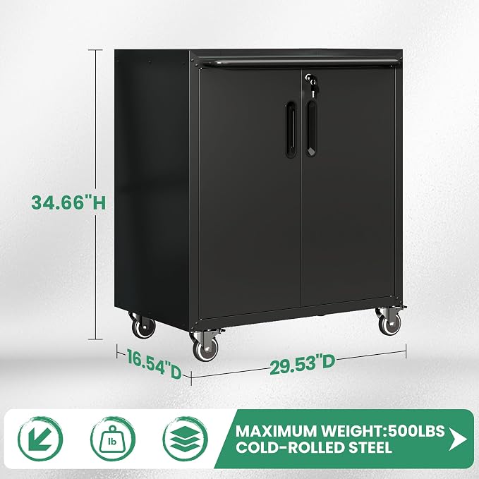 Garage Cabinets,Metal Garage Storage Cabinet with Wheels,Black Lockable Rolling Tool Cabinet with Drawer and Adjustable Shelves,Heavy Duty Tool Chest for Home Office Utility Room