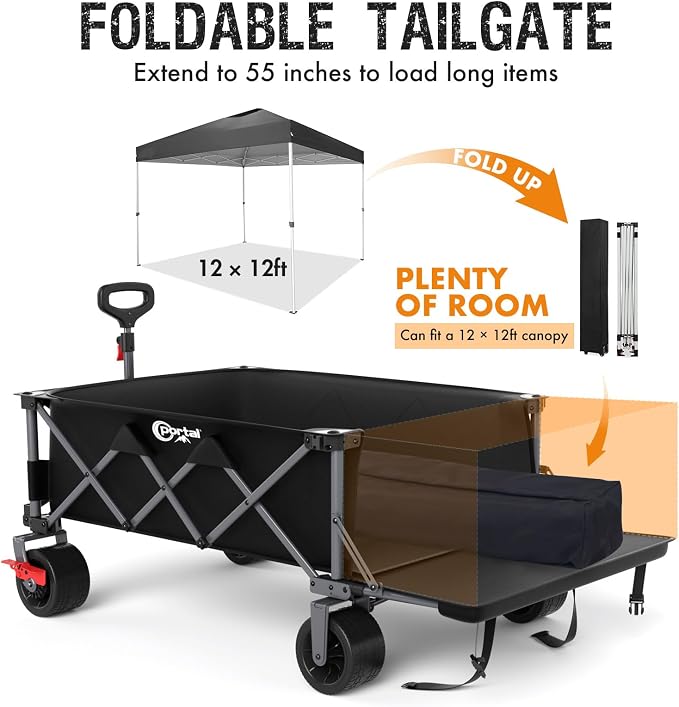 Portal 26" Extra Wide 55" Long Foldable Wagon with Tailgate, Large 600L Collapsible Wagon with Cargo Net, 500 LBs Heavy Duty Utility Cart with Big All-Terrain Wheels for Beach, Camping, Sports, Dogs | 26" Extra Wide 55" Long Wagon with Cargo Net, Heavy...