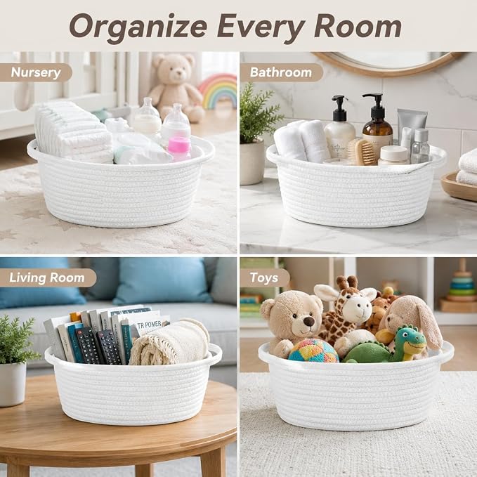 ABenkle Small Basket with Handles, Boho Decorative Rope Woven Dog Cat Toy Storage Bin Shelf Storage Organizer, Easter Christmas Gift Basket, 12"x8"x5", 2 Pack