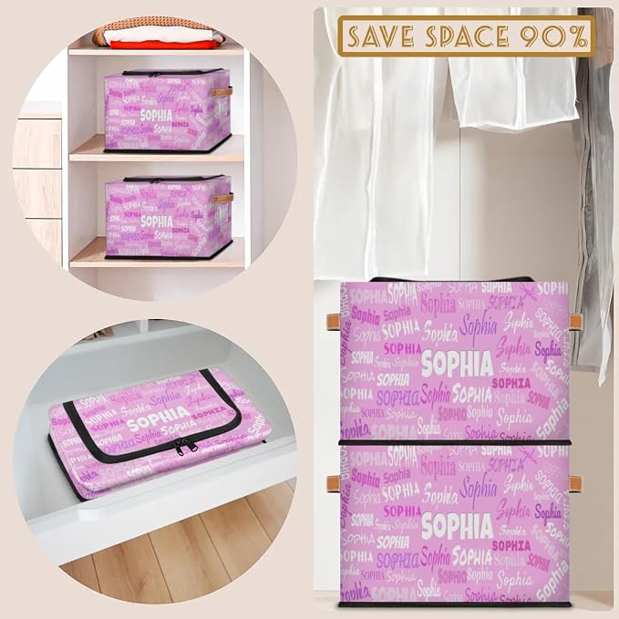 Custom Name Storage Bin with Lid Zipper, Personalized Pink Rectangular Storage Basket with Handles for Organizing Boys Girls Toys Office Closet Shelf Baskets