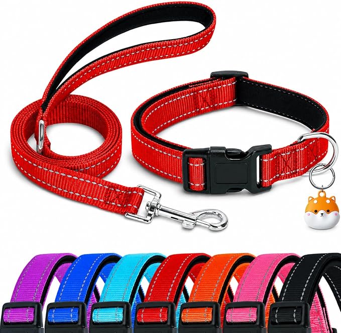 Reflective Soft Neoprene Padded Matching Dog Collar with Leash Airtag Holder Case Set Safety Breathable Adjustable Nylon Dog Collars for X-Small Small Medium Large Dogs-Red-XS