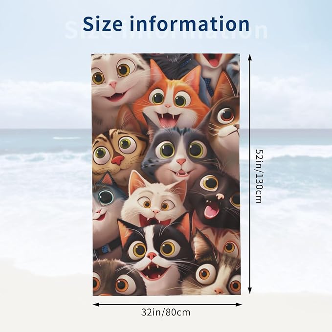 Cute Cat Beach Towel Microfiber Sand Free Colorful Kitty Towels for Adult Kids Quick Dry Ultra Absorbent Super Soft Pool Travel Swim Bath Shower Towel Gifts 52” x 32”