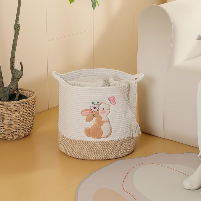 Toy Storage Baskets Woven Cotton Rope Storage Basket for Kids, Blanket Baskets for Living Room Stuffed Animal Storage Toys Organizer with Embroidery Decor, Cute Baskets for Nursery (Bunny)