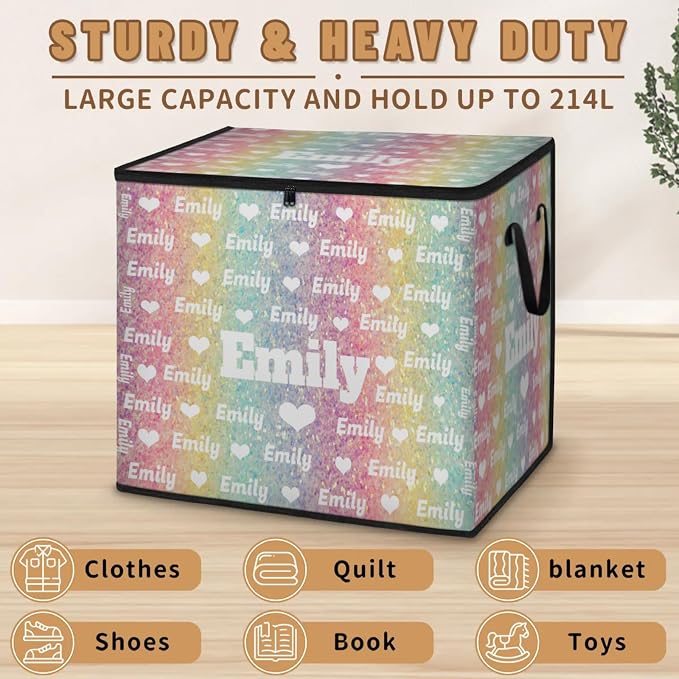 Custom Name Comforter Storage Bin with Lid, Personalized XL Love Heart Pattern Storage Basket Zippers for Organizing Blankets, Bedding Closet Shelf Baskets, Yellow Pale Turquoise Pink Glittering