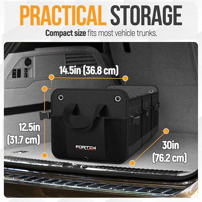 FORTEM Trunk Organizer - Collapsible Car Organizer & Storage Bag for SUVs | Car Accessories for Men & Women, Cooler Bag, Non Slip Bottom, Straps, Soft Cover, 1680D Oxford, 6 Compartments, Black, 110L