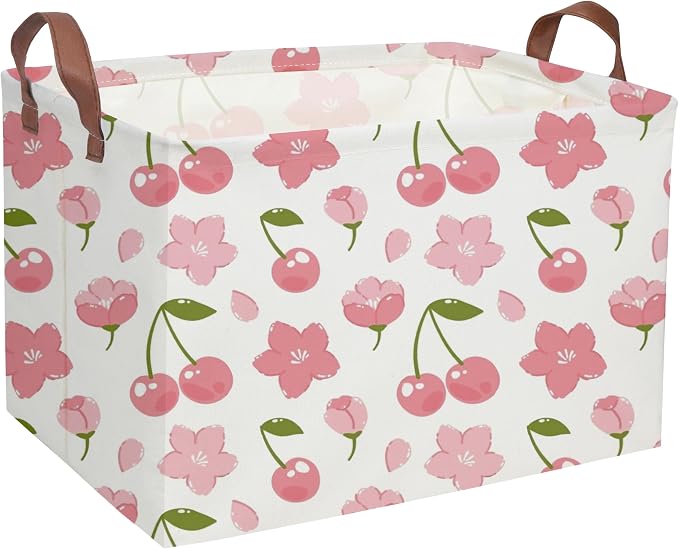 Rectangular Cherry Basket Girls Baskets Storage Bins Room Decor Cute Organizer Box(Cherry)