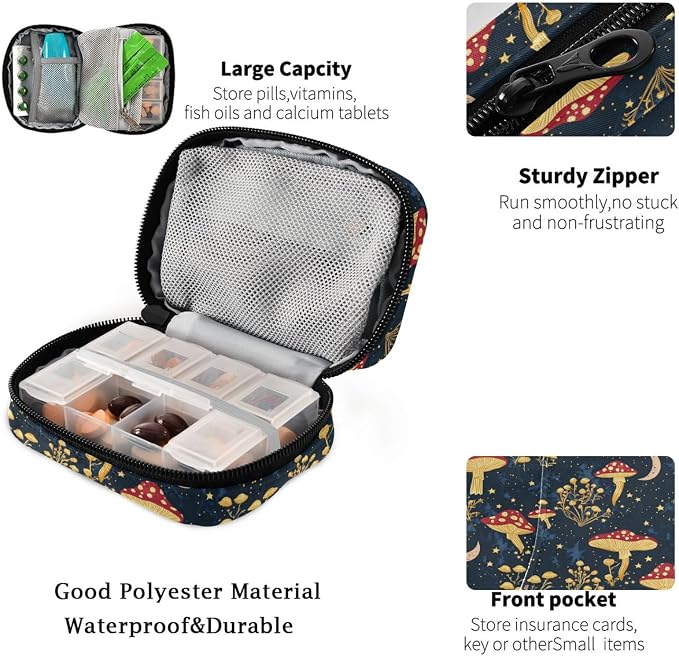 Fustylead Mystical Aesthetic Mushrooms Moon Stars Pill Organizers 2 Times A Day Pill Case Bag with Zipper Portable Weekly Pill Dispensers for Vitamin Supplement