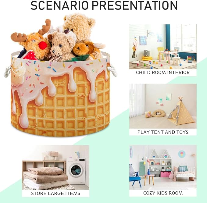 DOMIKING Large Storage Basket for Toys Icecream Waffle Yellow Storage Bin Box Organizer Basket for Nursery Laundry Hamper Books Home Decor