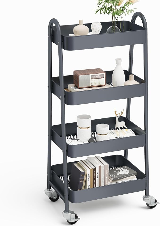 OLIXIS Metal 4 Tiers Rolling Storage Utility Cart with Lockable Wheels | Mobile Organizer Shelf, Space-Saving, Freestanding, Bathroom, Living Room, Slim, Narrow Corner Spaces, Gray