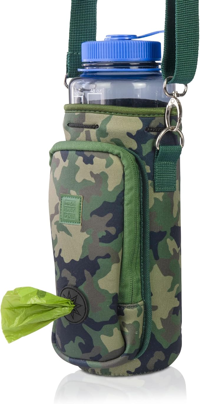 Made Easy Kit Water Bottle Carrier with Pocket for Dog Poop Waste Bags and Adjustable Padded Shoulder Strap (Tall & Large (40oz) with Bowl, Camo, Green)