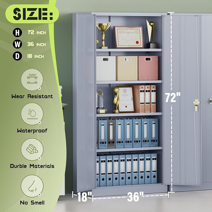 Crownland 72" Metal Storage Cabinet, Lockable Garage Storage Cabinets, High Office Cabinet with Adjustable Shelves for Garage, Home Office, Pantry, File(Cement Grey)