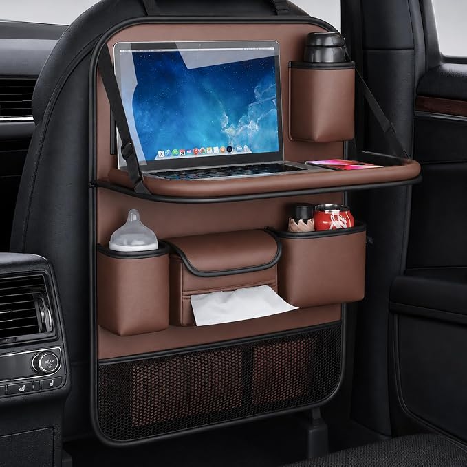 2 Pack Leather Car Backseat Organizer with Foldable Table Tray, Universal Car Seat Back Protector Kick Mat with Touchscreen Tablet Holder, Storage Pockets, Cup Holders & Tissue Holder, Brown