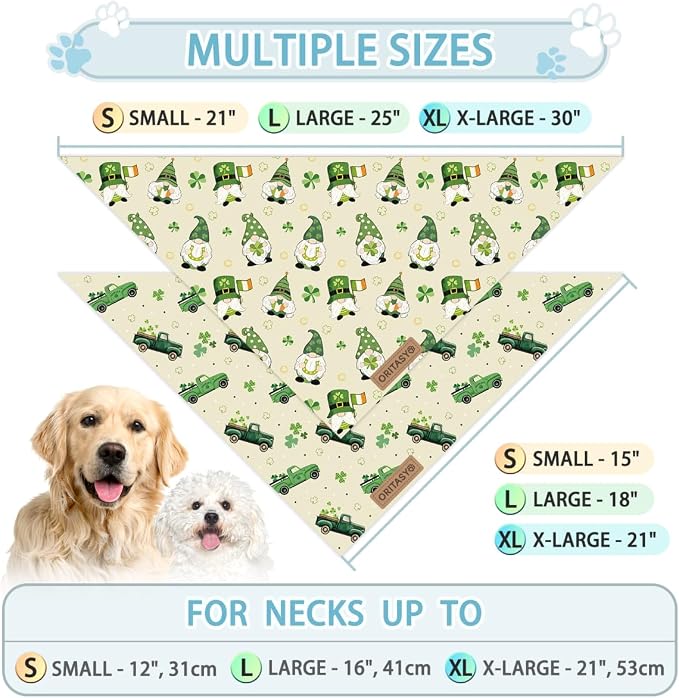 St. Patrick's Day Dog Bandanas, 2-Pack Triangle Reversible Gnomes Pet Scarves, Premium Fabric, Bandana for All Boys Girls Dogs (L, Style 2)