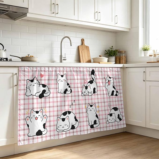 Cute Cat Cabinet Curtain 28"Wx51"L,Dustproof Storage Cabinet Curtain with Self Adhesive Tape,Modern Playful Pet Cats Pink Brown Plaid Tall Pantry Cover Drape for Kitchen,Laundry Room,Utility Closet