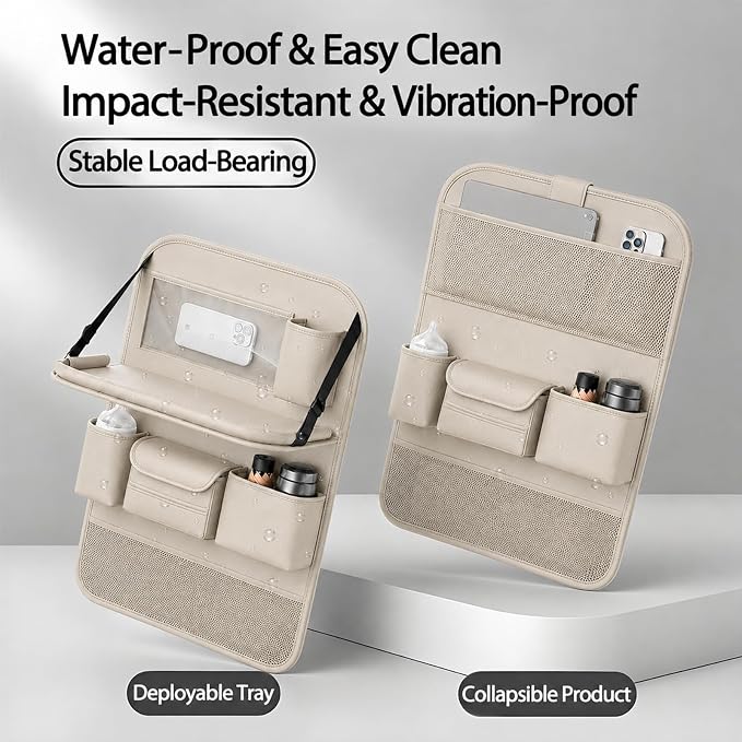 2 Pack Universal Foldable Car Backseat Organizer with Table Tray, Car Seat Back Protector with Touch Screen Phone Holder, Premium Leather Kick Mats with Storage Pockets Tissue Holder (Beige)