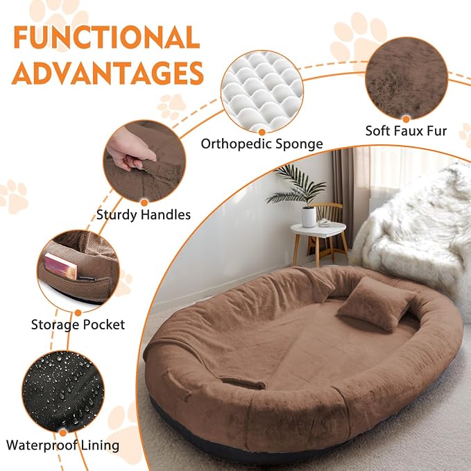 Human Dog Bed,71"x45"x14" Human Size Giant Dog Bed for Adults and Pets,Washable Faux Fur Cover Napping Orthopedic Bean Bag Bed for Humans with Blanket and Pillow,Coffee