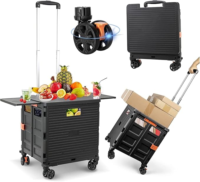 FELICON SELORSS Folding Utility Cart Portable Rolling Crate Handcart-Black | Magnetic Sliding Lid,Telescoping Handle,Plastic Box Dolly,360°Swivel Wheels for Travel Shop Move Laundry Office Teacher Use