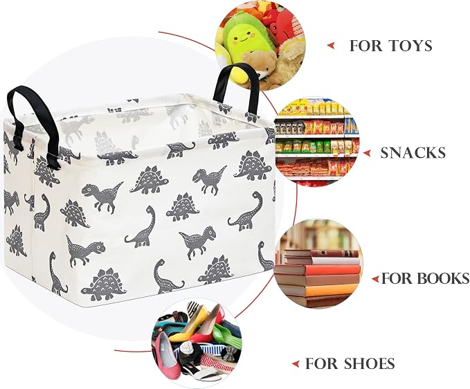 Baby Storage Basket Nursery Box Laundry Hamper Organization Bins for Toys and Clothes with Handles (Grey Dinosaur)