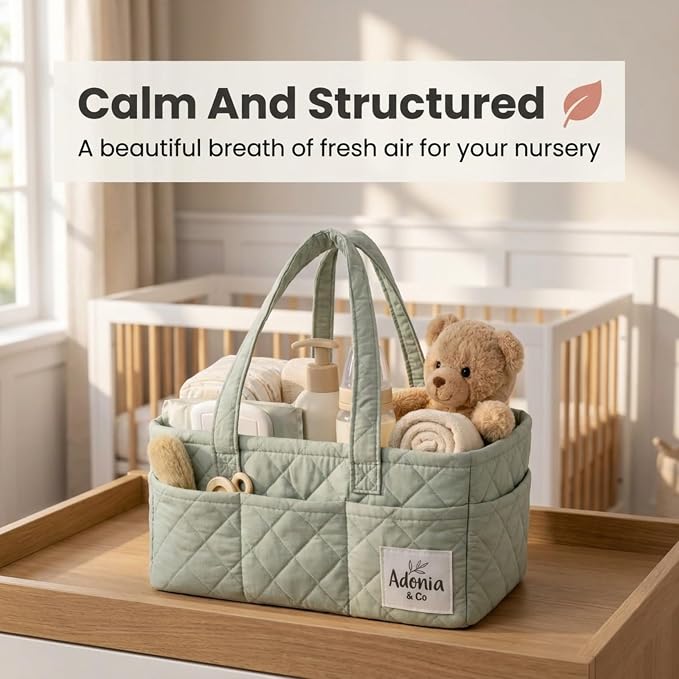 Adonia & Co Diaper Caddy Organizer – Baby Essentials Organizer, Large Nursery Storage Basket with Removable Divider, 8 Exterior Pockets, Portable, Machine Washable, Structured Design, Sage Green