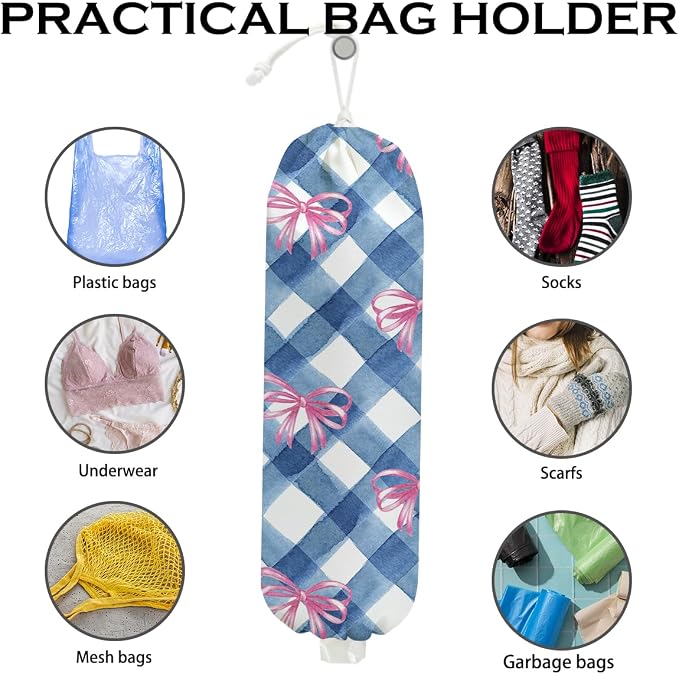 Pink Bow Plastic Bag Holder for Kitchen Essentials, Wall Mount Grocery Bag | Holder for Plastic Bags, Blue White Plaid Reusable Shopping Bags Storage Dispenser for Home Kitchen Pantry, 22.5x9 Inch
