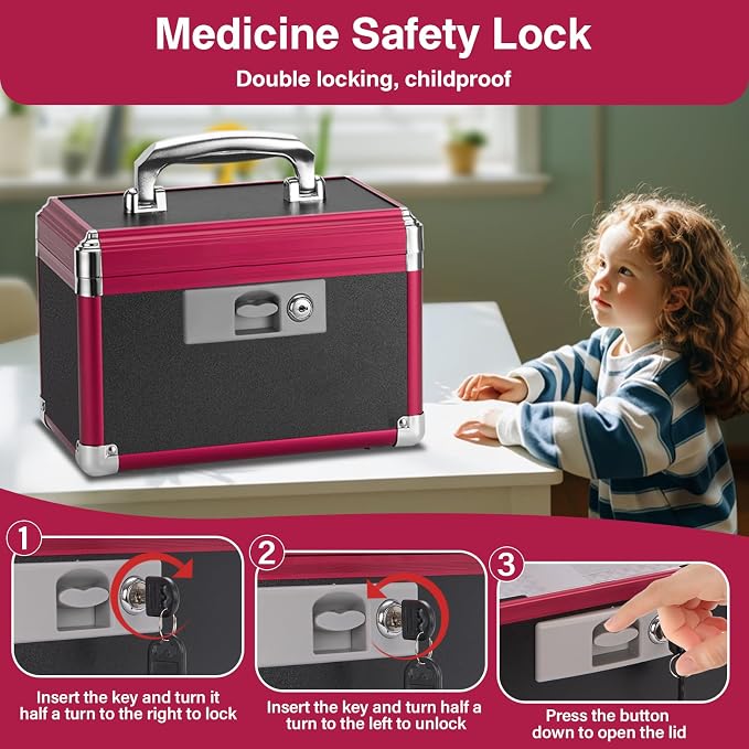 Small Medication Lock Box with Key (10"x6"x6.7") - Childproof Aluminum Medicine Storage Safe for Prescriptions & First Aid - Secure Portable Pill Organizer for Travel, Home (Black & Red)